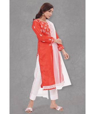 Chikankari Red art silk kurti set paired with white bottom and white duppatta 4