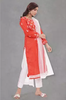 Chikankari Red art silk kurti set paired with white bottom and white duppatta