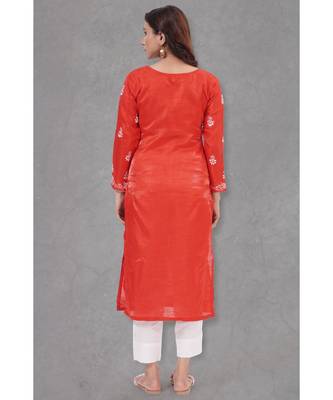 Chikankari Red art silk kurti set paired with white bottom and white duppatta 5