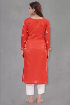 Chikankari Red art silk kurti set paired with white bottom and white duppatta