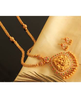 Beautiful Matte Finish Ruby Emerald Lakshmi Designer Necklace Set Dj22146 1