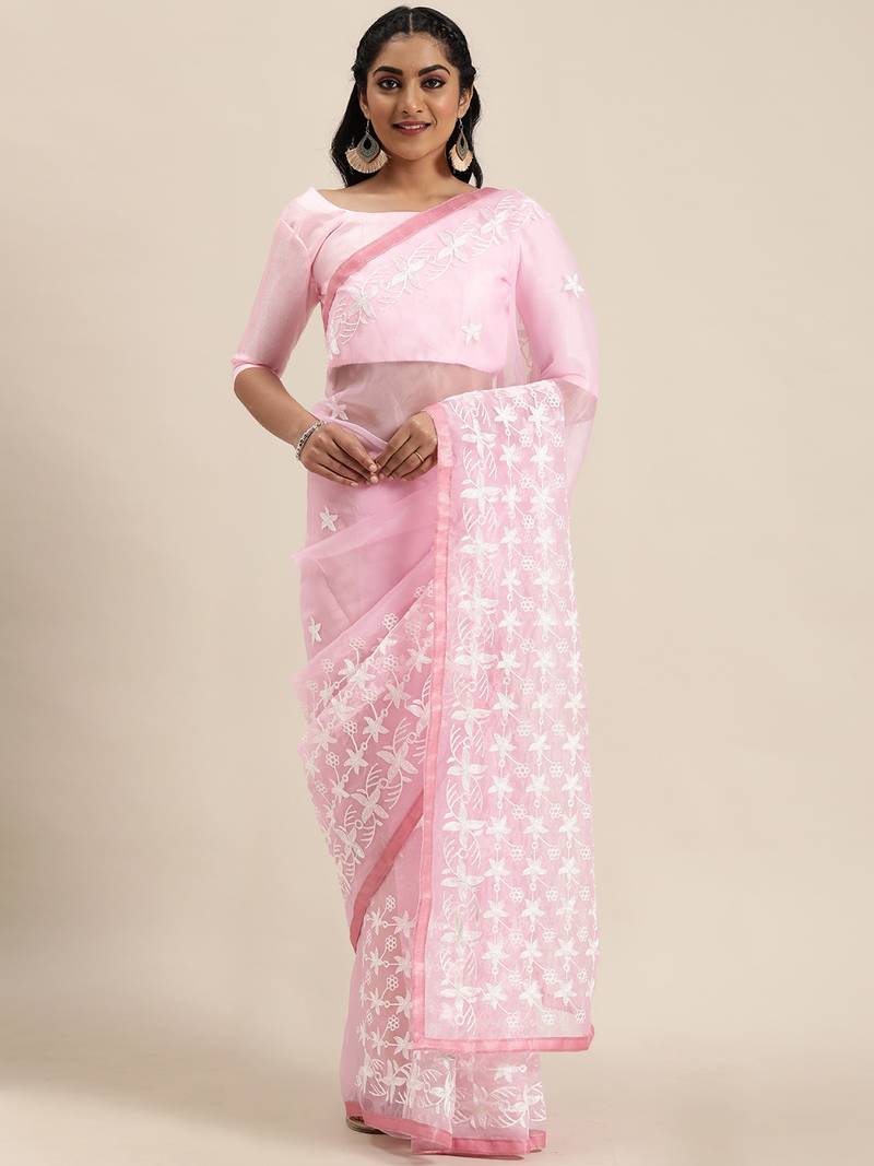 Soft Peach Organza Net Printed Embroidered Classic Indian Saree