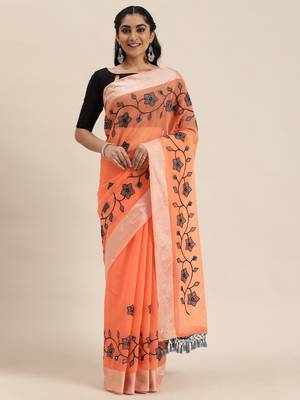 Orange embroidered chanderi saree with blouse 1