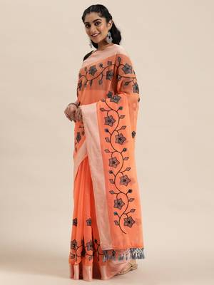 Orange embroidered chanderi saree with blouse 2