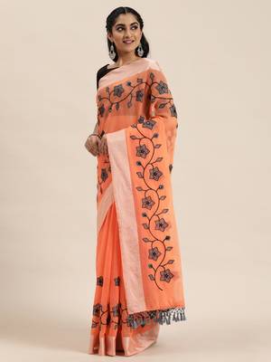Orange embroidered chanderi saree with blouse 3