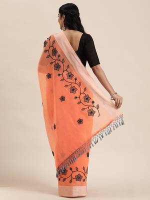 Orange embroidered chanderi saree with blouse 4
