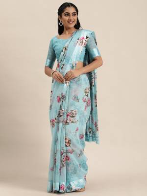 Sky blue printed cotton saree with blouse 1