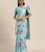 Sky blue printed cotton saree with blouse