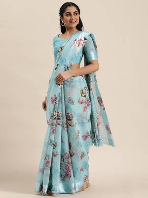 Sky blue printed cotton saree with blouse 2