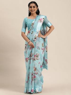 Sky blue printed cotton saree with blouse 3