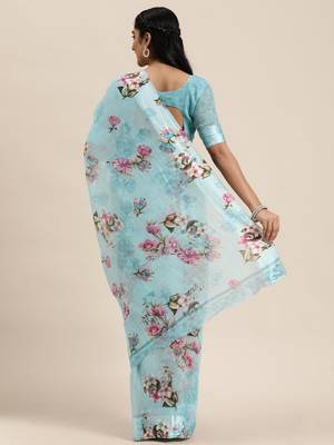 Sky blue printed cotton saree with blouse 4