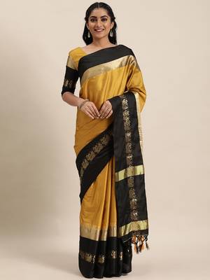 Mustard woven silk cotton saree with blouse 1