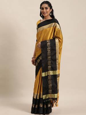 Mustard woven silk cotton saree with blouse 2