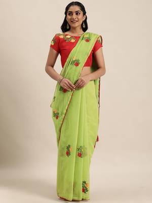 Green embroidered cotton saree with blouse 1