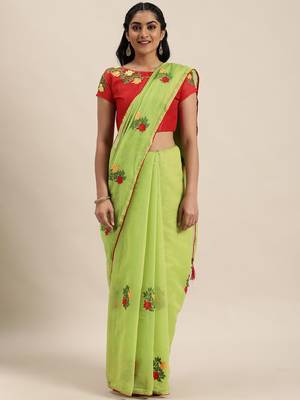 Green embroidered cotton saree with blouse 2