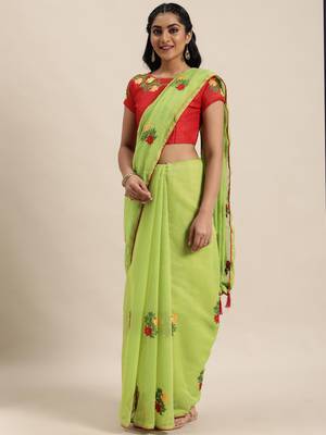 Green embroidered cotton saree with blouse 3