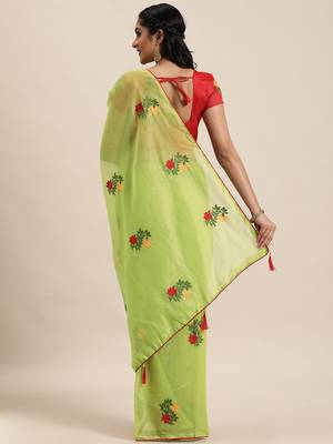 Green embroidered cotton saree with blouse 4