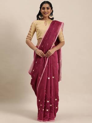 Purple embroidered cotton saree with blouse 1