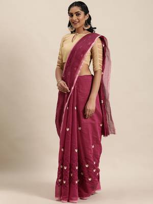 Purple embroidered cotton saree with blouse 3