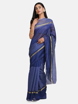 Navy blue woven cotton saree with blouse 1