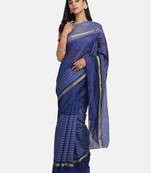 Navy blue woven cotton saree with blouse