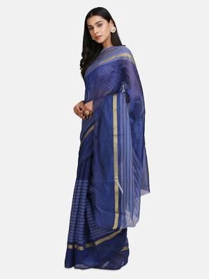 Navy blue woven cotton saree with blouse 3