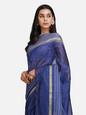 Navy blue woven cotton saree with blouse 4