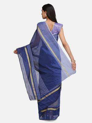 Navy blue woven cotton saree with blouse 5