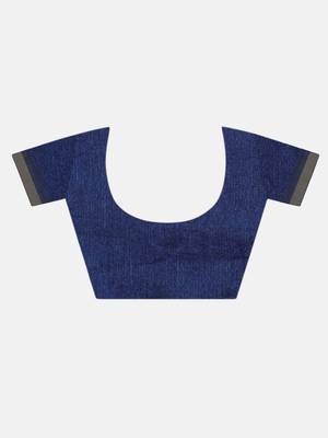 Navy blue woven cotton saree with blouse 7