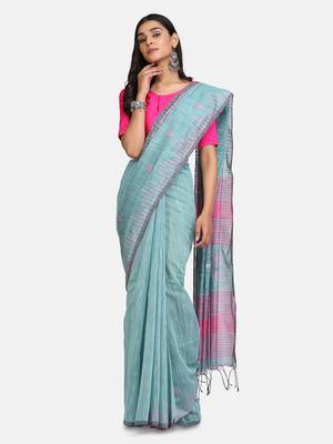 olive Triangle Design Hand Weaven Cotton Silk Handloom Saree With Blouse 1
