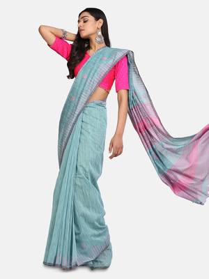olive Triangle Design Hand Weaven Cotton Silk Handloom Saree With Blouse 3