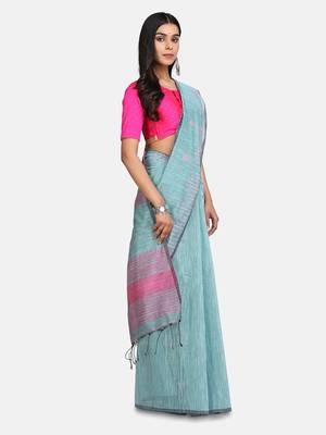 olive Triangle Design Hand Weaven Cotton Silk Handloom Saree With Blouse 4