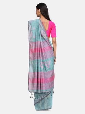 olive Triangle Design Hand Weaven Cotton Silk Handloom Saree With Blouse 5