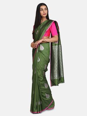 Green woven silk blend saree with blouse 7