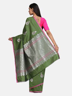 Green woven silk blend saree with blouse 8