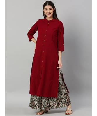 Cotton Slub Solid Straight Kurta With Ajarak Printed Palazzo Set Maroon 1