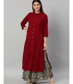 Cotton Slub Solid Straight Kurta With Ajarak Printed Palazzo Set Maroon