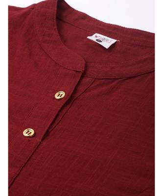 Cotton Slub Solid Straight Kurta With Ajarak Printed Palazzo Set Maroon 3