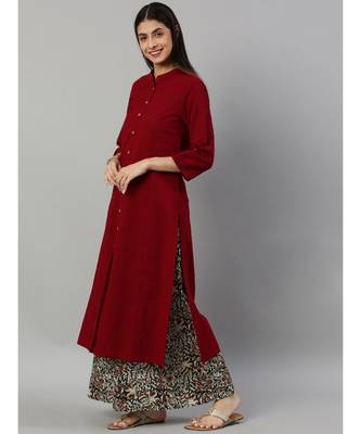 Cotton Slub Solid Straight Kurta With Ajarak Printed Palazzo Set Maroon 4