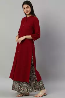 Cotton Slub Solid Straight Kurta With Ajarak Printed Palazzo Set Maroon