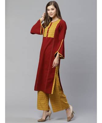 Cotton Slub & Cambric Cotton Regular Straight Kurta with Palazoo Set 3
