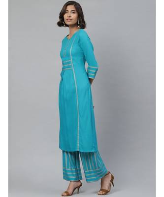 Rayon Gold Printed Straight Kurta & Palazoo Setteal 4