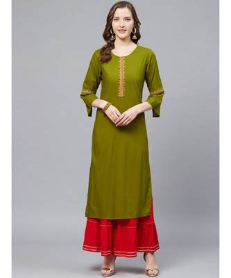 Rayon Slub Straight Kurta & Sharara Setolive Green & Red 1