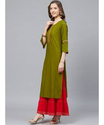 Rayon Slub Straight Kurta & Sharara Setolive Green & Red 2