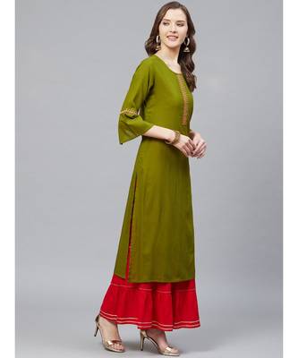 Rayon Slub Straight Kurta & Sharara Setolive Green & Red 4