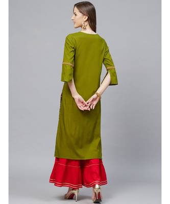 Rayon Slub Straight Kurta & Sharara Setolive Green & Red 5