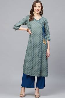 Rayon Floral Printed Angrakha Style A-Line Kurta & Palazoo Set Mint Green