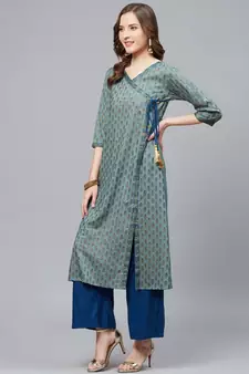 Rayon Floral Printed Angrakha Style A-Line Kurta & Palazoo Set Mint Green