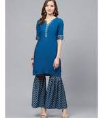 Rayon Gold Printed Straight Kurta & Sharara Set Blue