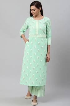Cotton Floral & Stripe Straight Kurta & Palazoo Setgreen